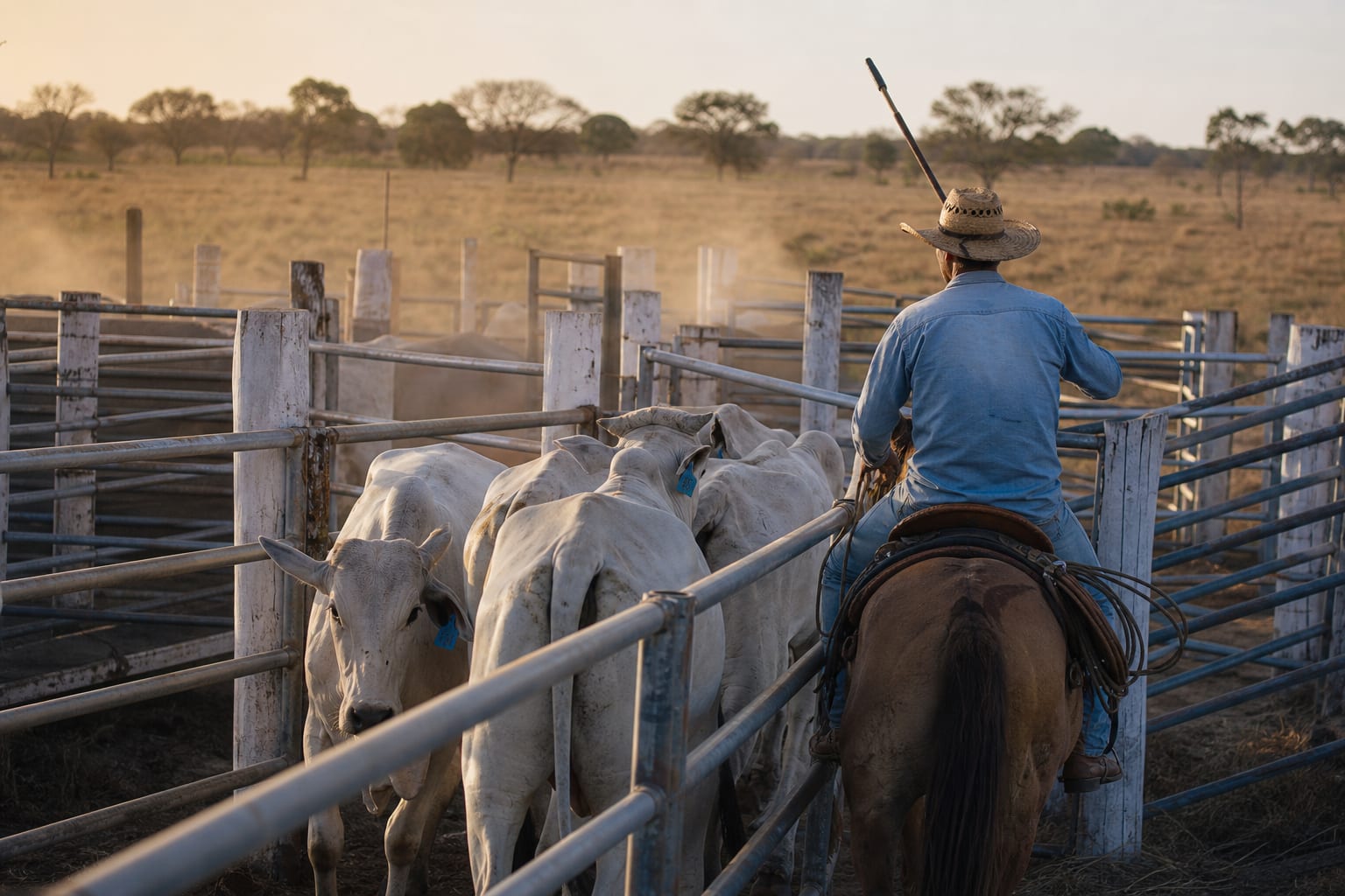 Vaqueiro conduz lote de matrizes nelore pelo corredor de manejo do curral no início da manhã