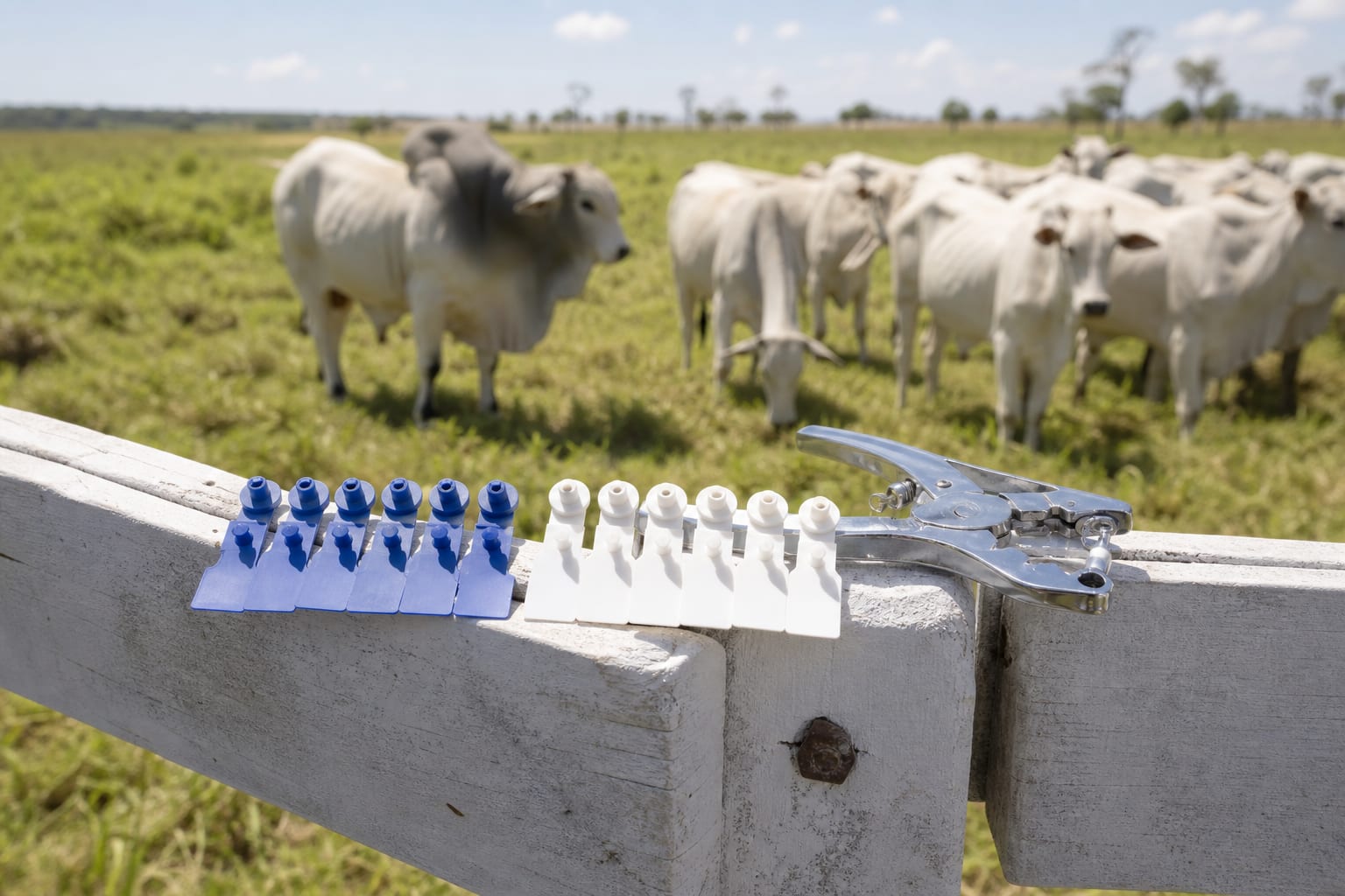 Bastão de inseminação e luvas sobre a tampa do botijão, com touro e matrizes no pasto ao fundo