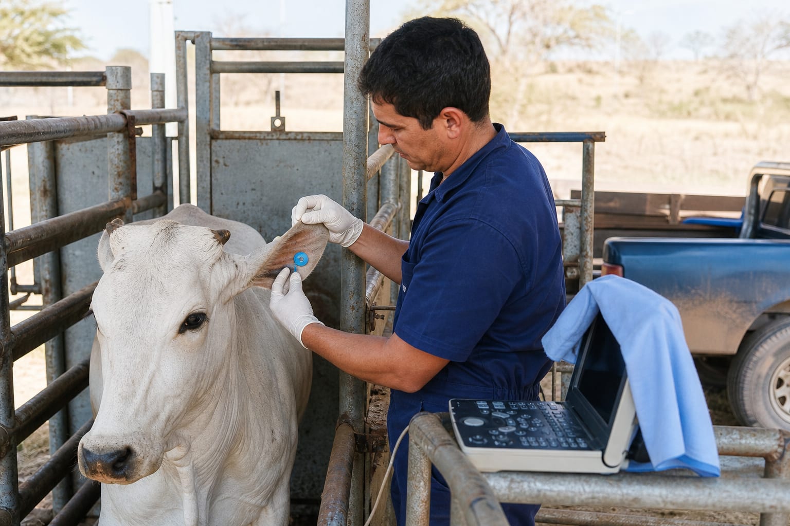 Veterinário faz diagnóstico de gestação com ultrassom portátil ao lado do tronco, com caminhonete e botijão ao fundo