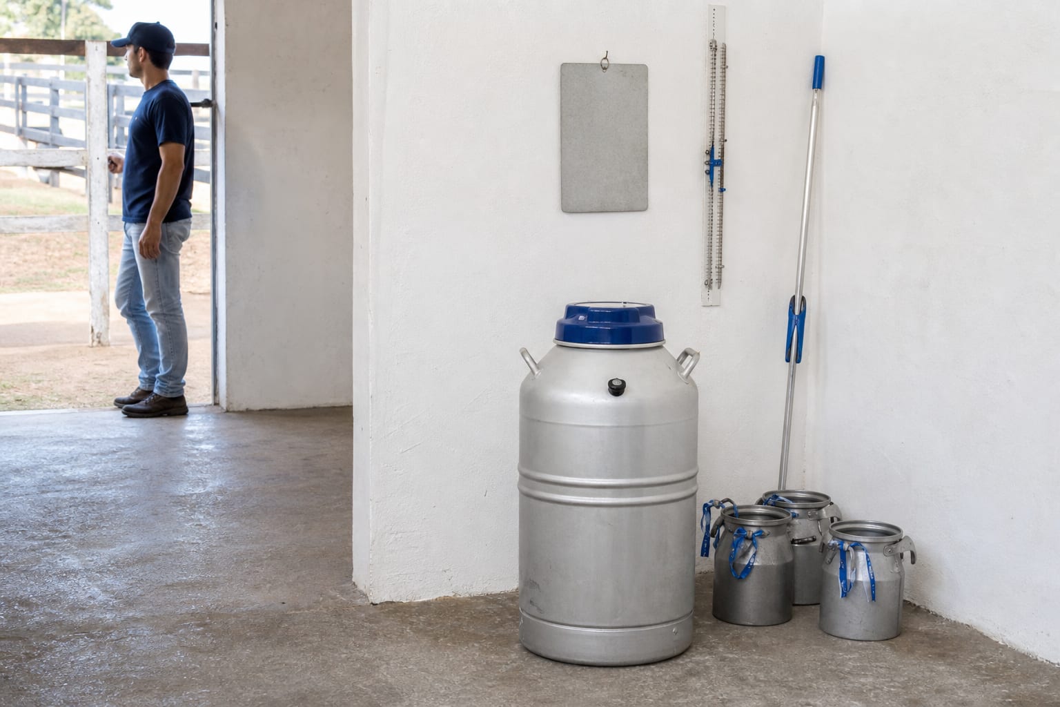 Botijão criogênico aberto no galpão da fazenda com vapor de nitrogênio saindo do bocal e canecas alinhadas
