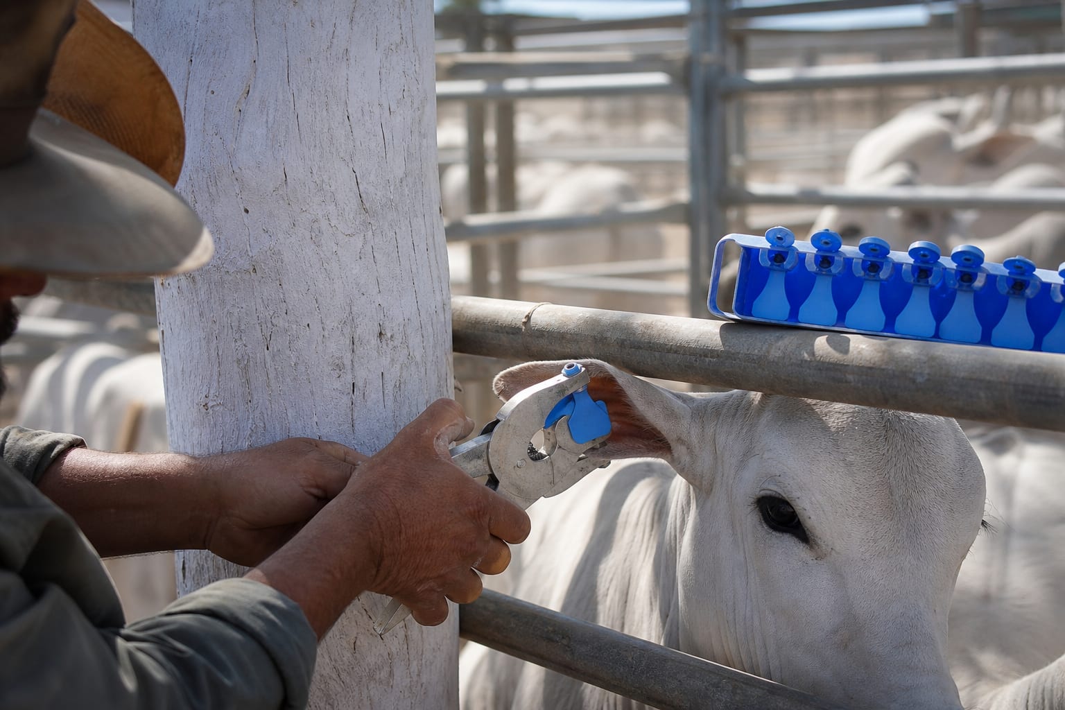 Inseminador retira palheta de sêmen da raquete dentro do botijão de nitrogênio, com vapor branco subindo do bocal